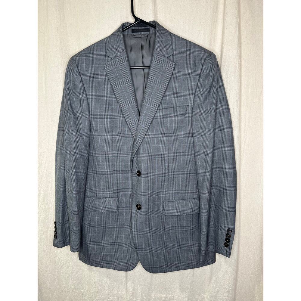 1990s Lauren Ralph Lauren Grey Blue Minimalist Old Money Plaid Prep Blazer 42R